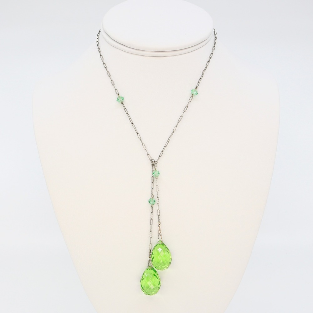 Antique Art Deco Uranium Glass Negligee Lariat Necklace Briolette Drops 1920s